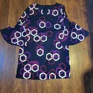 TRINA TURK Shift Dress Womens Size XL Blue Geometric Bell Sleeves V Neck Stretch